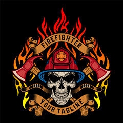 Firefighter vector logo design. Skull, Firefighter helmet and ax elements, perfect for a fire company.