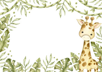 Safari watercolor hand-drawn illustration, frame with baby, giraffe and tropical leaves, creeper for kids © Nellya Egorova