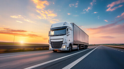 LKW Schwerlasttransport Logistikprozess vor Logistikzentrum mit vielen gestapelten Kisten Kartons Paletten Ladungssicherung Transport von Waren mit LKW Generative AI