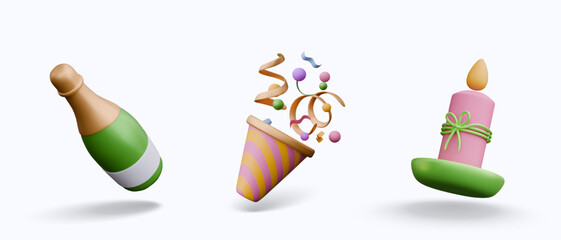 Set of realistic festive icons. Bottle of champagne, confetti cracker, decorative lighted candle