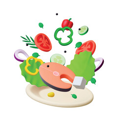 Salmon steak and vegetables on plate 3d concept. Fresh salad and fish, tomatoes cucumber pepper and green leaf. Render realistic vector healthy food