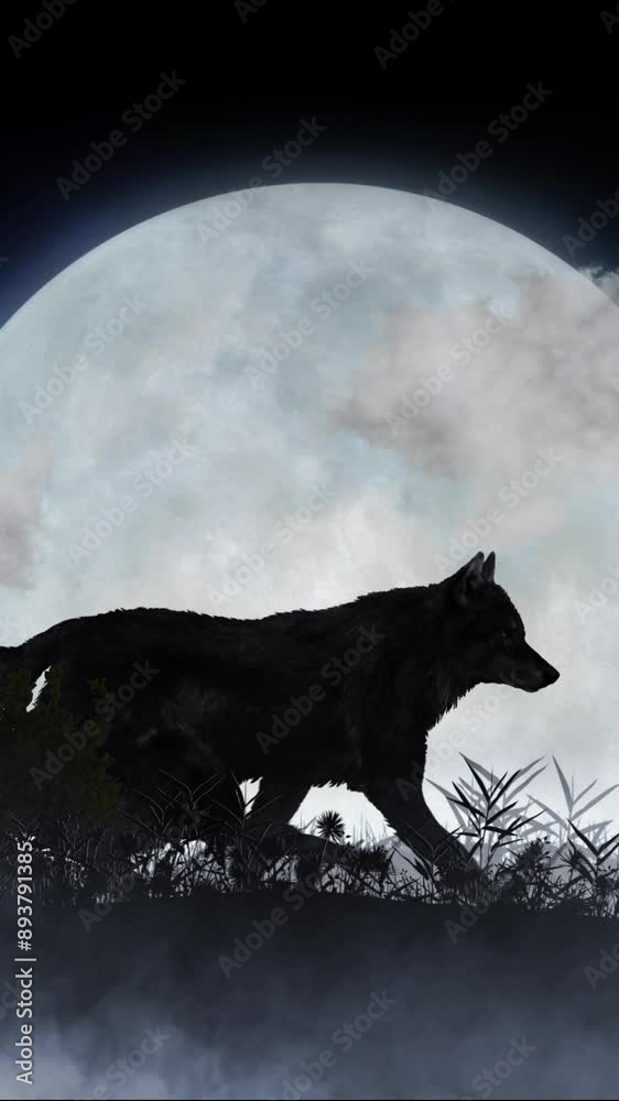 Wall mural vertical wolf pack full moon howl 4k loop features silhouettes of wolves running through a field of 