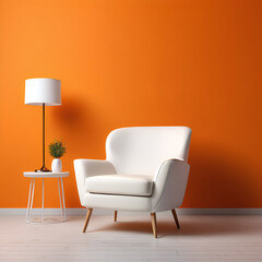 studio background with orange walls and white armchairs