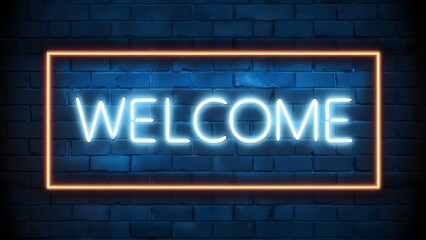 Fototapeta premium A neon sign with the word 'WELCOME' illuminated in a vibrant blue color. The sign is encased in a rectangular frame and ispositioned against a dark brick wall background