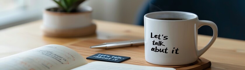 Close-up of a coffee mug with 'Let's talk about it' text next to a notebook and a pen, creating a cozy workspace vibe.