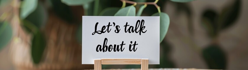 Close-up of a white sign with 'Let's talk about it' written on it, placed on a small easel. Ideal for communication and discussion themes.