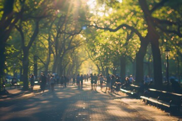 A sunlit park with trees and people walking along the paths, central park new york city, bokeh effect, blurred background, sunlight filtering through leaves Generative AI