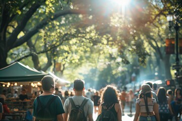 Obraz premium people walking in central park, trees with sunlight, cityscape, blurred background, wide angle lens, sunny day, sunlight through the tree branches Generative AI