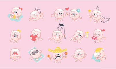 Funny marshmallow characters. Cartoon marshmallows girl boy different expressions. Chef, princess and flying angel with wings, nowaday vector clipart