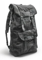 Casual gray backpack with roll-top and buckles.