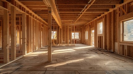 A glimpse into a house under construction showcasing the wooden frame and the light streaming through the windows