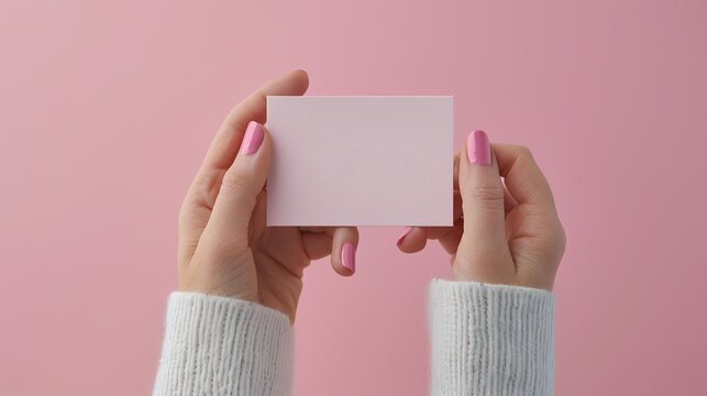 Woman holding a blank business card with pink nails against a pastel pink background. Perfect for mockups and branding concepts.