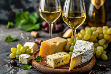 Wine and plate with appetizers, delicious noble cheese and grapes. The elegance of wine glasses combined with a selection of artisan cheeses on a matte black background.