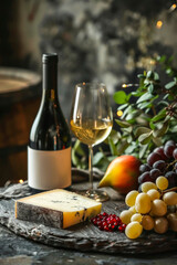 stylish advertising photograph of a bottle of wine, a glass and a piece of noble cheese on a black background. Also various snacks for wine such as figs, pears and grape sprigs