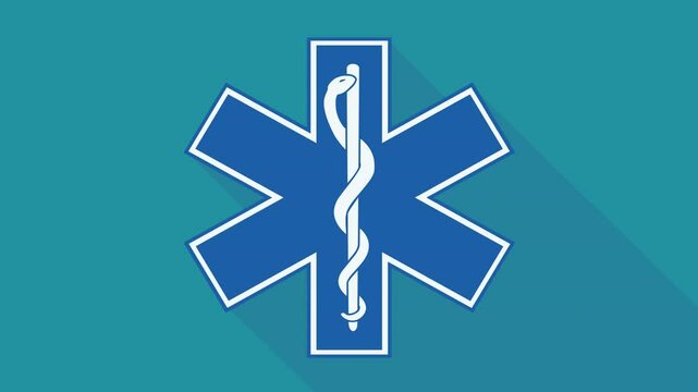 Symbol of the cross with the caduceus of an ambulance comes from the bottom to the center on a blue background with long shadow (flat design)