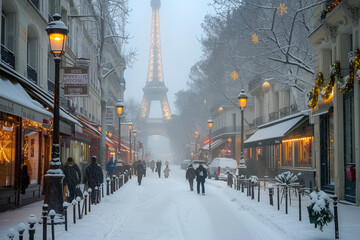 A street in Paris under the snow in winter