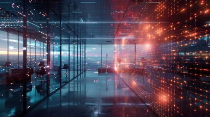 Futuristic Office with Cityscape View and Digital Wall