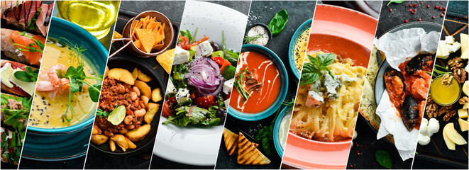 Background of food and dishes of European cuisine. on a dark stone background. Photo collage,...