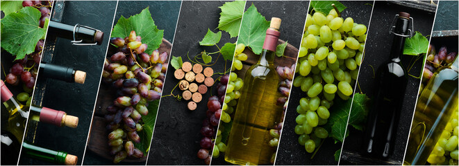 Wine in bottles and glasses on the table with fresh grapes. Photo collage, banner from photos.