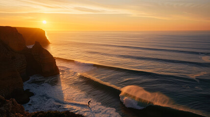 Dramatic coastal cliffs with surfing at sunset
