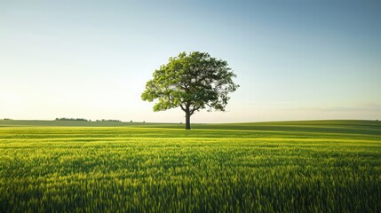 harmony of nature with a lone tree in a field of fresh green grass, bathed in the soft glow of early morning sunlight