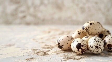 High quality photo of quail eggs on light background with space for copy
