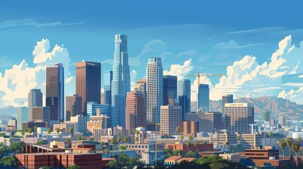 Naklejka premium Illustrate the Los Angeles skyline with a focus on the downtown area, emphasizing the tallest buildings