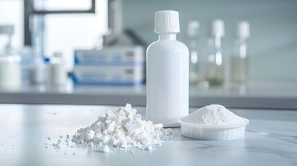 Selective focus on calcium carbonate compound bottle and petri dish with crystalline powder White lab backdrop with room for text