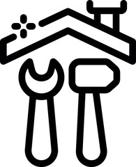 Obraz premium Line art icon of a wrench and hammer underneath the roof of a house, symbolizing home improvement