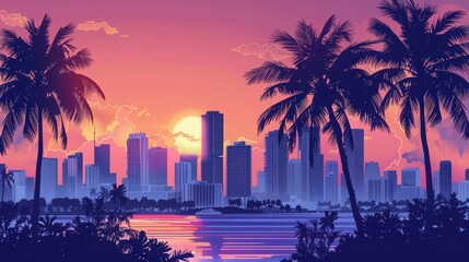 Illustrate the Miami skyline with palm trees in the foreground, blending urban and tropical elements