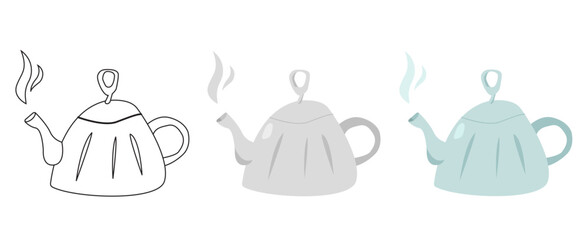 Hand drawn cartoon styled pot (teapot) with steam in three versions (variants): outline, shades of grey, color. Isolated on white background (backdrop). Drinks. Objects. Vector illustration.