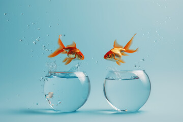 Two goldfish are jumping out of separate aquariums towards each other, representing the concept of overcoming any obstacles.