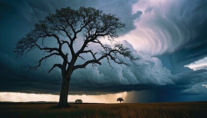 Fototapeta premium Cloudy Day Photograph with Tree and Fields