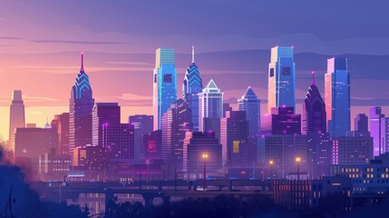Obraz premium Illustrate the Philadelphia skyline at dawn, as the first light of day brightens the city's iconic buildings