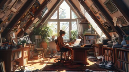 Naklejka premium A freelancer working on a creative project in a cozy attic studio, surrounded by books, art supplies, and natural light streaming through windows.