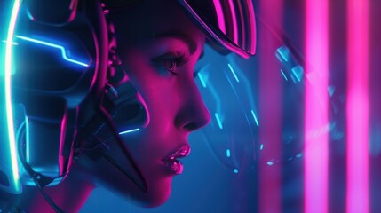 Obraz premium Futuristic helmet with neon blue highlights and design.