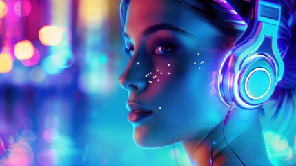 Colorful neon lights reflecting on futuristic headphones