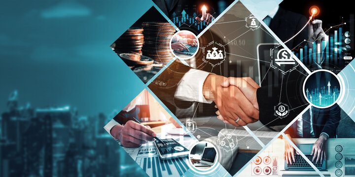 Futuristic business digital financial data technology concept for future big data analytic and business intelligence research for businessman analyst invest decisions making panoramic banner kudos - Powered by Adobe