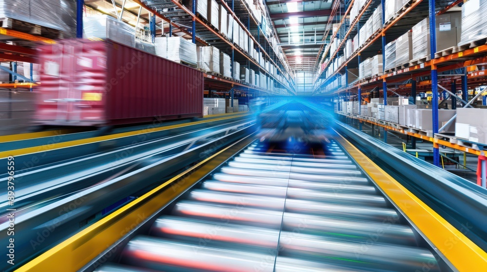 Poster factory environment with automated material handling systems, reducing downtime and optimizing suppl