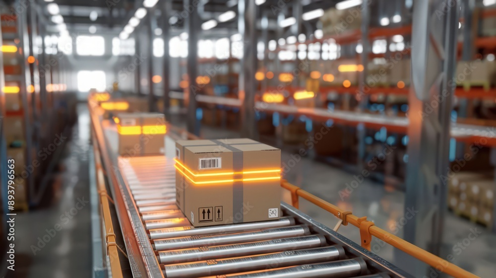 Poster factory environment with automated material handling systems, reducing downtime and optimizing suppl