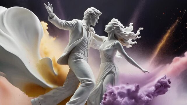Marble colorful antique sculptures of dancing man and woman on dark background. Concept of endless love, mythology, devotion, sacrifice, vamentine's day. AI generated