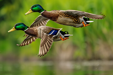 
Two mallard ducks in flight, with two males displaying their characteristic green heads