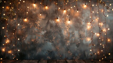 A rustic backdrop with string lights and a wooden surface