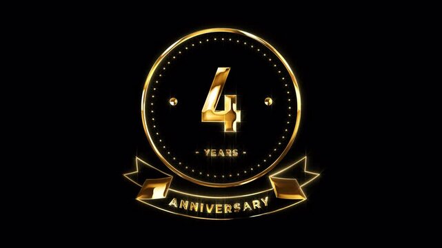 4th Anniversary Celebration. Happy 4 Years Anniversary Animation in Gold Color on the Transparent Background, Alpha Channel. Great for greetings, celebrations, events, and gifts.