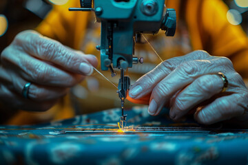 A focused seamstress adjusts her sewing machine in a well-organized workspace. The image highlights the attention to detail and skill required in sewing, perfect for celebrating Seamstress Day.