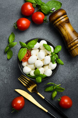 Ingredients for making Caprese salad. Mozzarella cheese balls with tomatoes and basil and oil.