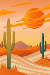 Colorful desert scene with cacti and a setting sun.