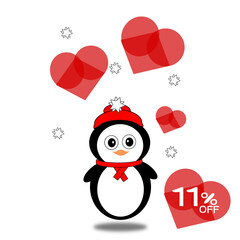 11% off heart, illustration of penguin with scarf and red beanie floating with red hearts and snow, eleven percent.
