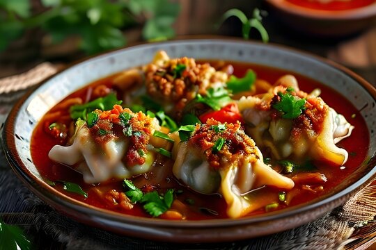 Chuchvara - Uzbek dumplings made from minced meat in tomato sauce with vegetables. Central Asian cuisine.
