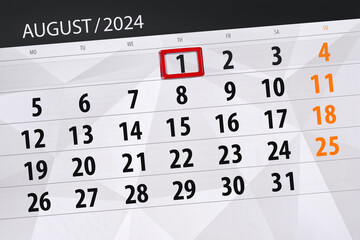 Fototapeta premium Calendar 2024, deadline, day, month, page, organizer, date, August, thursday, number 1